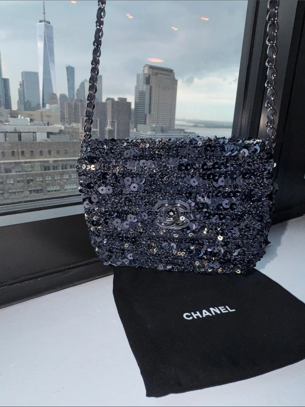 CHANEL Midnight Blue Sequin Mini Flap Crossbody Bag with Silver CC